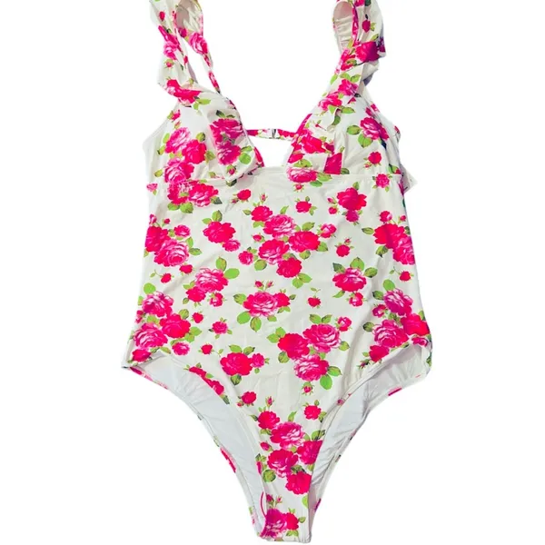 Betsey Johnson One Piece Ruffle Floral Swimsuit Padded Love Always Size XL NWT - Image 4