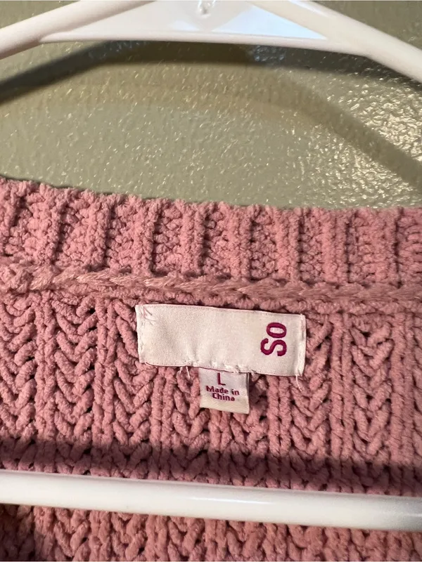 SO Womens Size Large Crewneck Sweater Chenille Light Pink Cable Knit Balloon Slv - Image 9