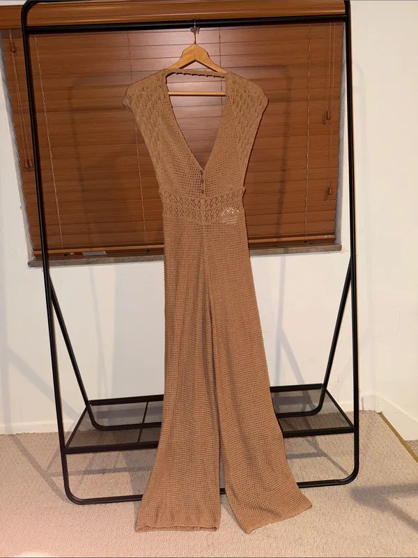 American Eagle Tan Crochet Knit Wide Leg Jumpsuit - Image 3