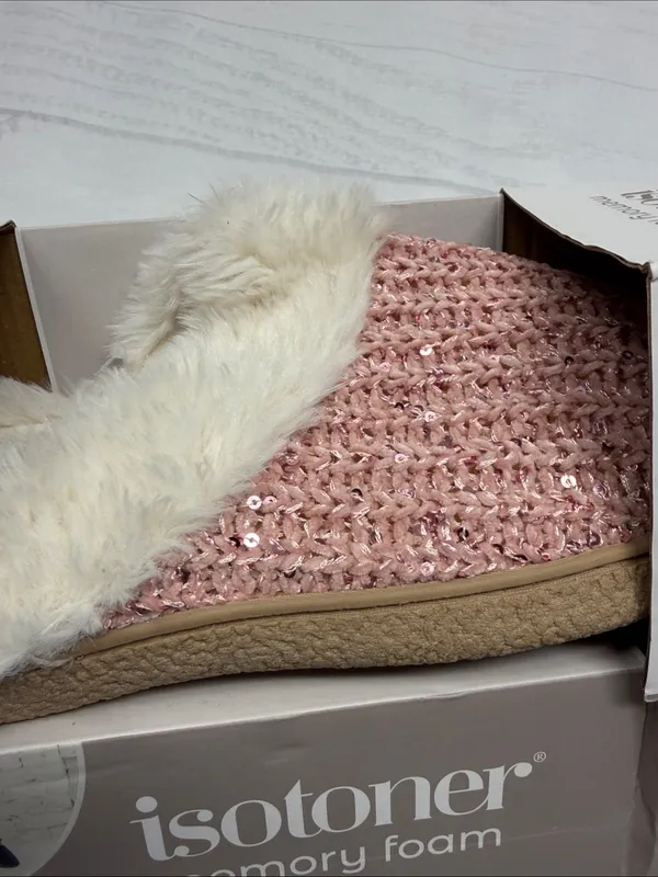 Isotoner NWT Memory Foam Sparkle Evening Sand Pink Foam Hoodback Slippers XL - Image 2