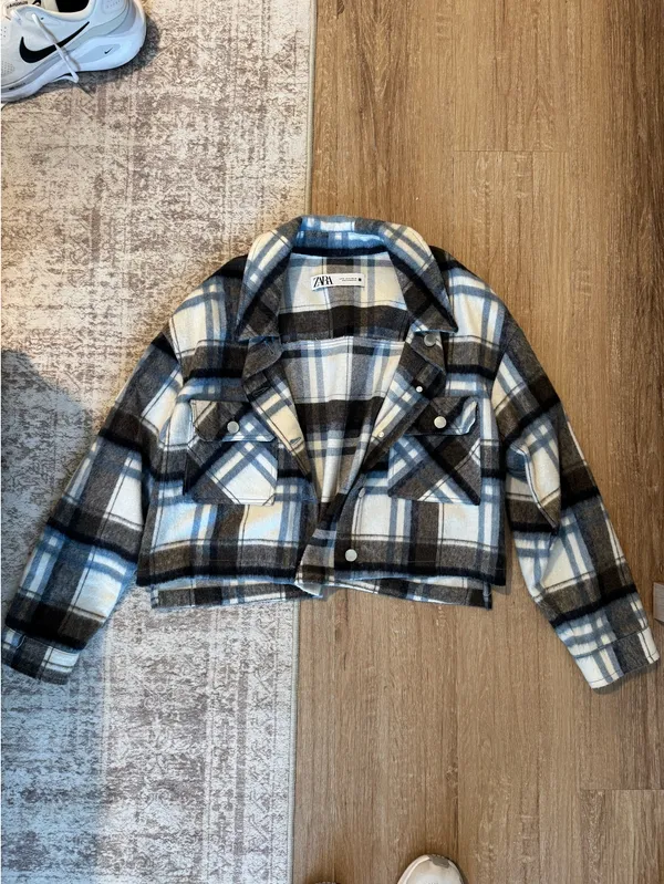 Zara Cropped Plaid Overshirt Flannel Motorcycle Checkered Jacket - Image 3