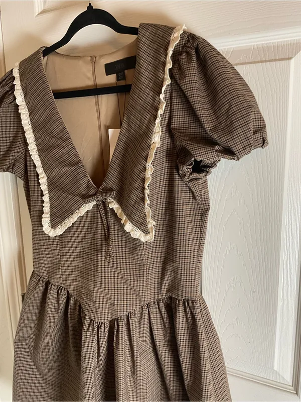 ZARA NWT Plaid Statement Collar Mini Dress Puff Sleeve XL⁠ - Image 5