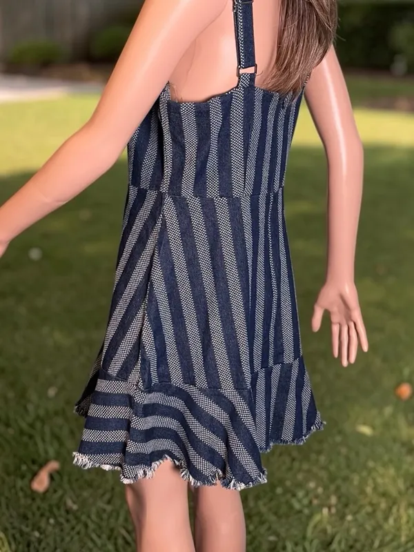 Umgee NWT Denim Stripe Mini Dress L Frayed Hem Boho Summer Adjustable Straps - Image 7
