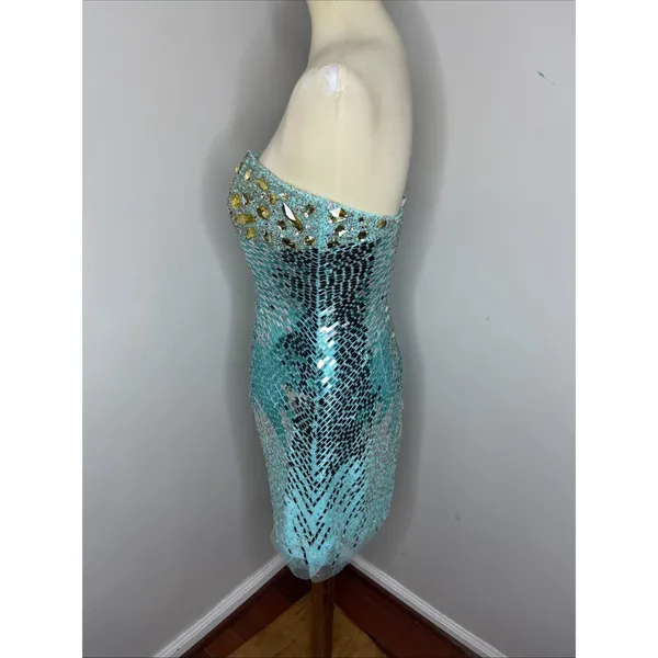 New‎ Sherri Hill Blue Beaded Sequined Strapless Mini Dress Sz 6 - Image 2