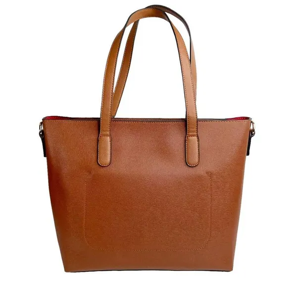 Faux Leather Brown Double Handle Red Lined Tote Bag Purse - Image 6