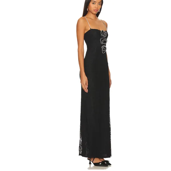 Lovers + Friends Black Lace Gown MEDIUM Maxi Dress Rhinestone Rosette $300 NEW - Image 2
