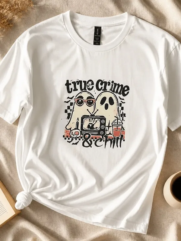 Gildan “True Crime & Chill” Halloween Theme 100% White Cotton T Shirt Size XL - Image 2