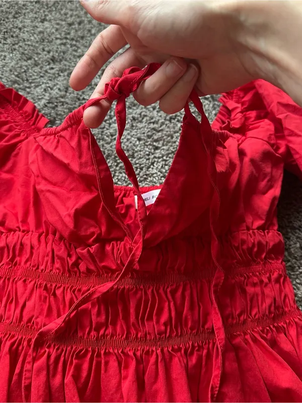 Red Peasant-Style Puff Sleeve Dress - Image 6