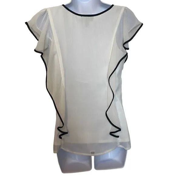 IZ‎ Byer EUC White Black Trim Flowy Ruffle Sleeve Blouse Sz S - Image 3