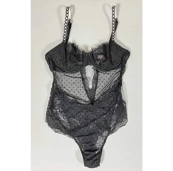 Black Polka Dot Dots Floral Lace Teddy Onesie Bodysuit Lingerie Size XS 🖤 - Image 3
