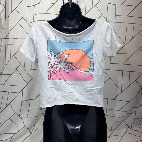 Billabong Hawaii Graphic T-Shirt Small White Cropped Raw Hem Sunset Palm‎ Tree - Image 2