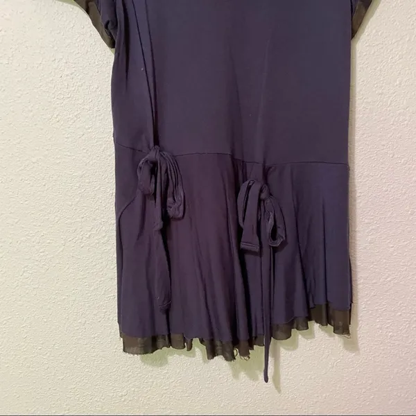 Anthropologie Left of Center Navy Blue Short Sleeve Tunic Camo Print Trim L Y2K Lagenlook Raw - Image 6