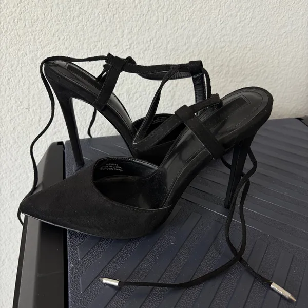 Forever 21 Black Suede Lace-Up Pointed Toe Stiletto Heels Size 7.5 - Image 3