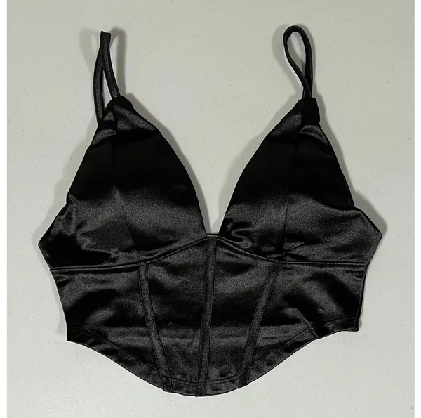 Black Satin Silk Padded Corset Tank Crop Top Shirt Blouse Size S 🖤 - Image 2