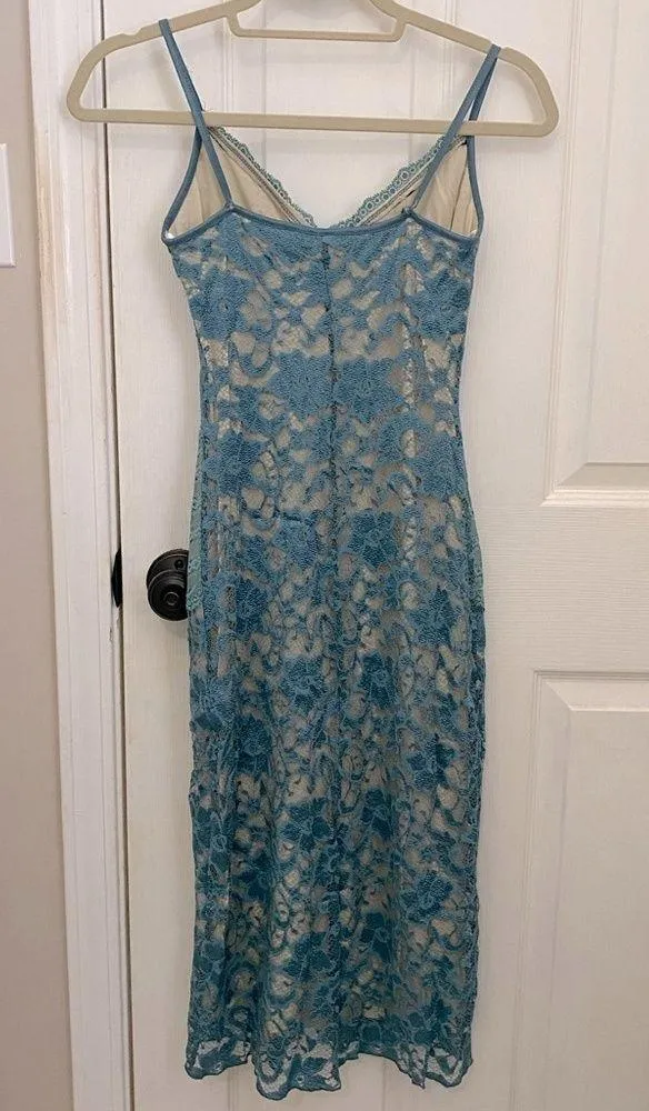True Meaning Nude and Blue Lace Spaghetti Strap Dress - Image 4