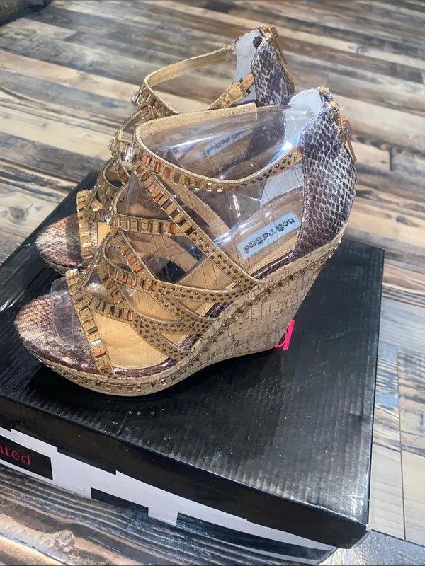 Not Rated Gold Snake-Print Cork Wedge Sandals - Image 3