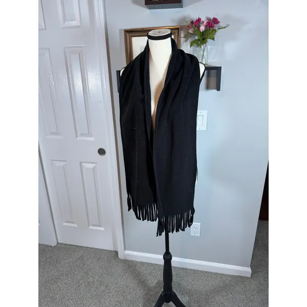 Solid Black Knit Scarf with Fringe Trim Soft Winter Wrap Accessory 62" Long - Image 2