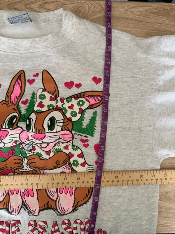 90s Vintage XL Christmas Holiday Sweatshirt Bunnies Coco Love Grey Crew Neck - Image 7