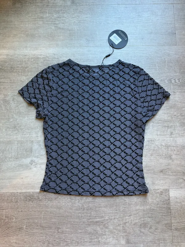 NWT White Fox All For Attention Monogram Sheer Short Sleeves Charcoal Top Size M - Image 7