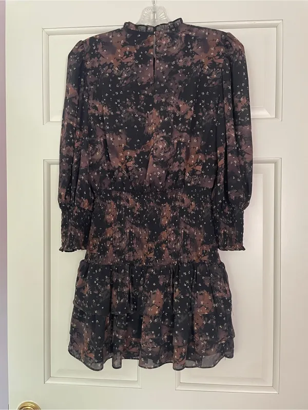 Amanda Uprichard Smocked Waist Floral Print Mini Dress - Black & Brown - Image 3
