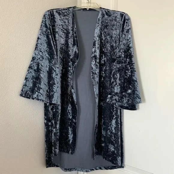 Crushed Velvet Kimono Duster Boho Soft Glam Festival Cardigan Open Front Robe - Image 4