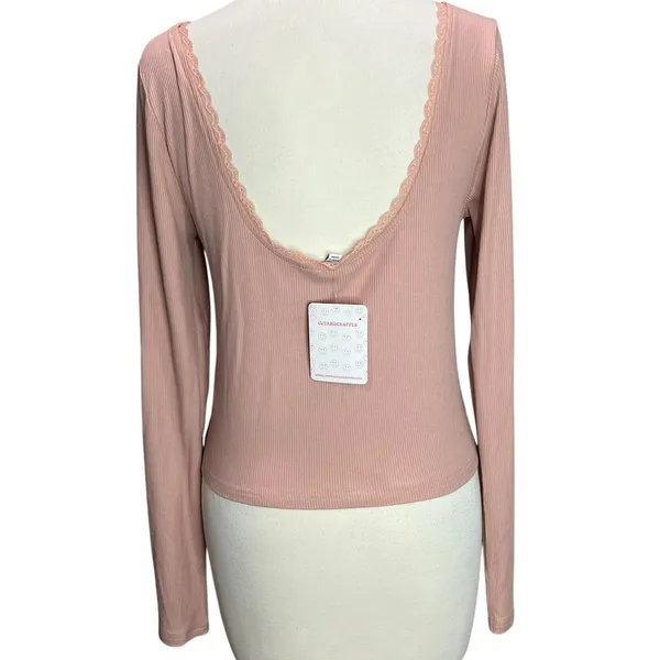 Pretty Garbage Long Sleeve Baby Tee Size L Pink Rib Knit Scoop Dainty Lace‎ Top - Image 6