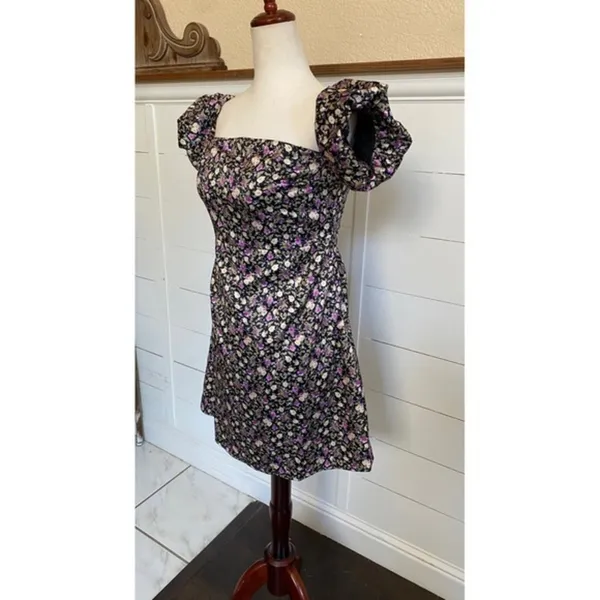 Pomelo Floral Puff Sleeve Mini Dress Black‎ Purple Square Neck Smocked Back M - Image 9
