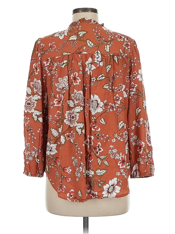 Loft Women's Size Large Petite Blouse Orange White Floral Button Down Ruffle‎ - Image 2