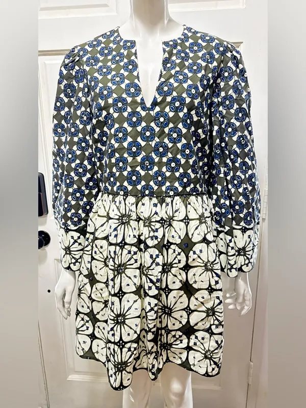 Tuckernuck 100%Cotton Boho Olive & Blue Floral Print Pleated Dress Size Large - Image 2