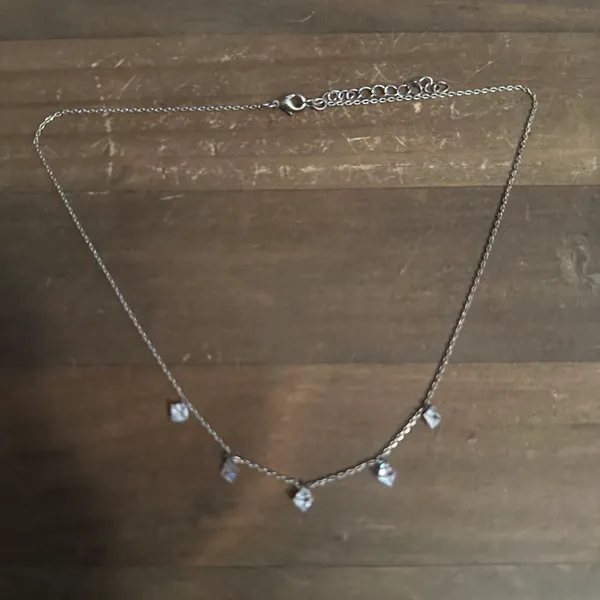 Dainty silver tone princess cut crystal dangle necklace - Image 2