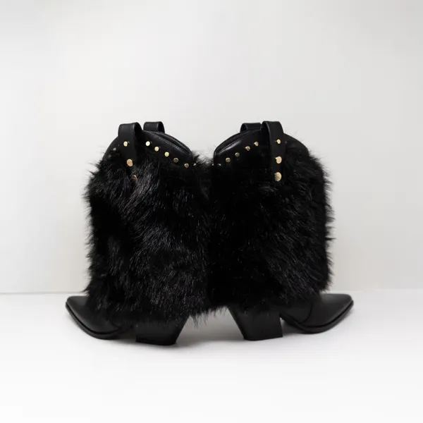 NEW Azalea Wang Violetta Faux Vegan Fur Pull On Western Heel Boots Shoes Black 7 - Image 3