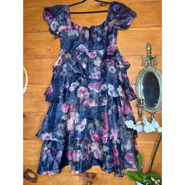 NWT Lulus Oh-So Stunning Navy Blue Floral Organza Tiered Midi Dress Cruise Sz S - Image 4