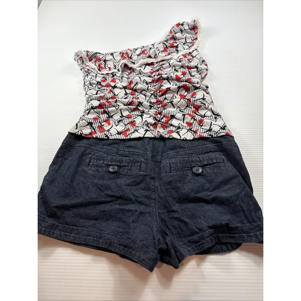 Rewind Womens Retro Denim Short Asymmetrical Tank Top Y2K One-Piece Romper L - Image 6