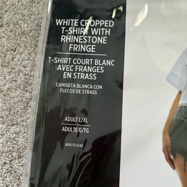 New White Cropped T-Shirt with Rhinestone Fringe women size L/XL party costumes - Image 4
