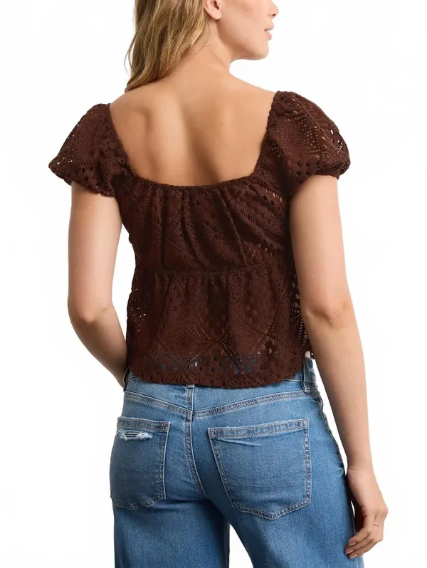 AE Lace Tie-Front Puff Sleeve Tee American Eagle NWT Chocolate Small - Image 2