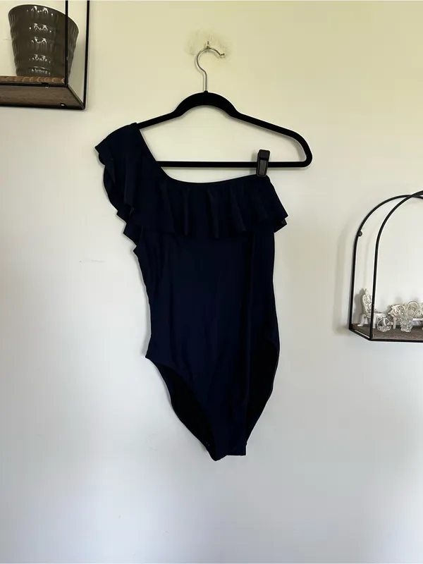 J.Crew Factory Navy Blue Ruffle One Shoulder‎ One Piece Swimsuit Size Medium - Image 2