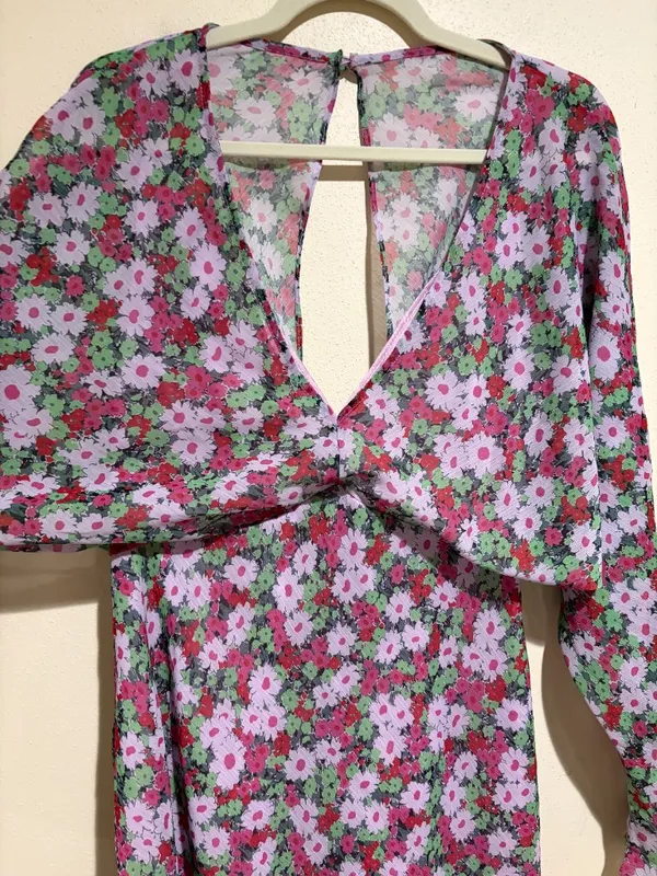 ASOS Design V Neck Batwing Floral Midi Dress Long Sleeve - Image 5