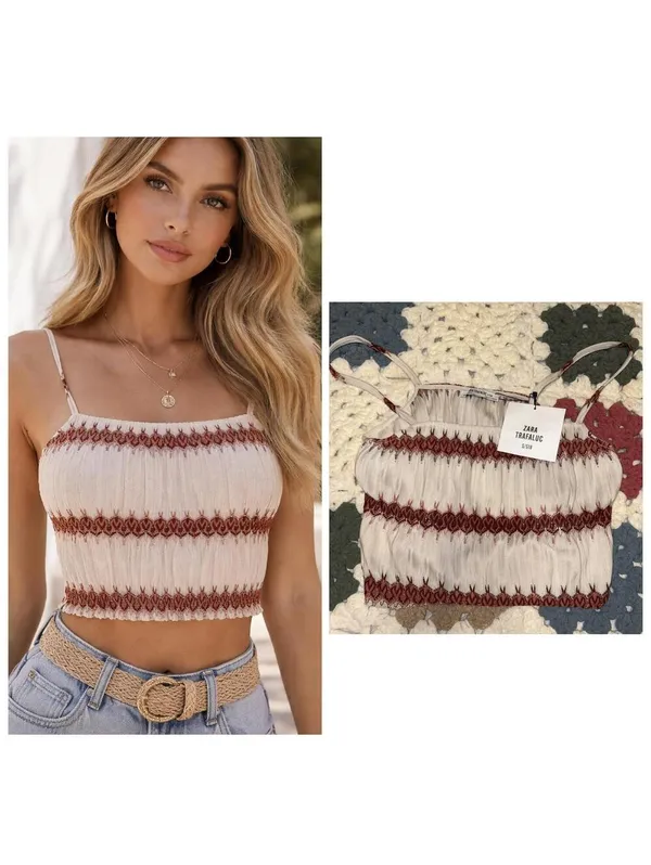 Zara Trafaluc New With Tags Smocked Knot Crop Top Spaghetti Straps Woman’s S - Image 2