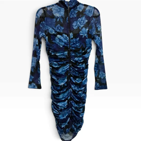 Alice + Olivia Delora Floral Mesh Mini Dress Dream Royalty Ruched Bodycon 6 S - Image 3