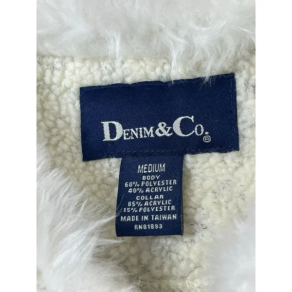 VTG 90s Y2K Denim & Co Faux Fur Collar Sherpa Fleece Zip Jacket M Ivory Coat - Image 5