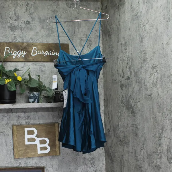 City Studios Juniors Draped Sleeveless Satin Fit Flare Dress Teal Blue Green 7/8 - Image 2