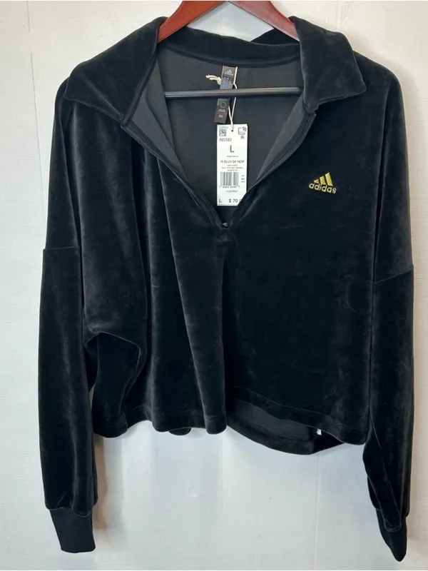 Adidas Women's Large Black Velour Half-Zip Hoodie with Gold Logo - Image 3