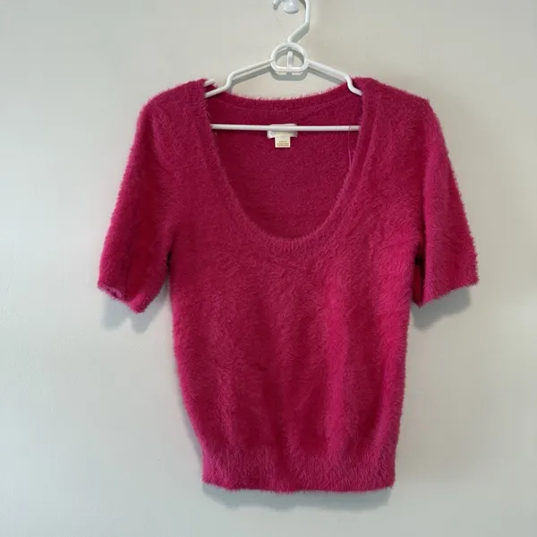Maeve Anthropologie Pink Rona Eyelash‎ Deep Scoop Neck Fuzzy Sweater Small - Image 2