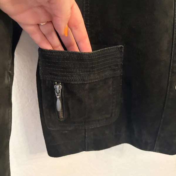 Vintage Chicos Suede Leather Jacket Large 2 Chore Pockets 90s Grunge Indie Black - Image 5