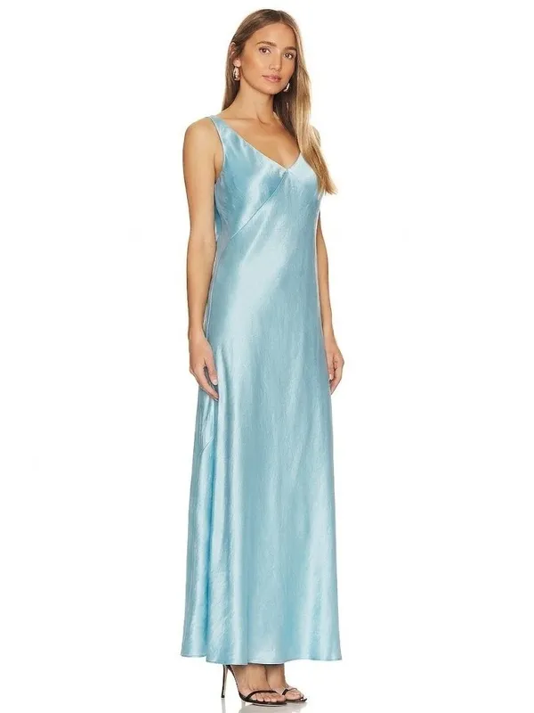 NWT Vince Satin V-Neck Maxi in Light Lagoon Blue Sleeveless Slip Dress S - Image 2