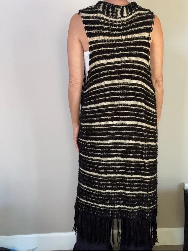 Chico’s Black & Gold striped Faron Knit Fringe long open front sweater vest XL 3 - Image 3
