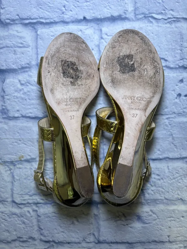 Jimmy Choo Gold Size 37 Slingback Sandals Quiet Luxury Snakeskin Leather Finish - Image 11