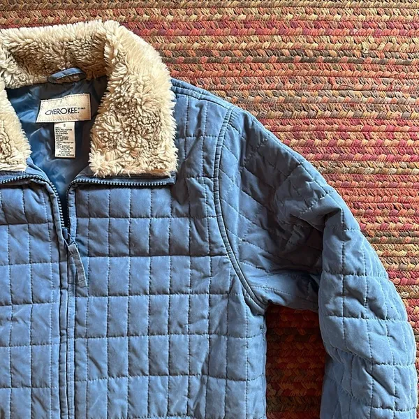 Vtg Cherokee Blue Quilted Faux Fur Trim Jacket - Image 3