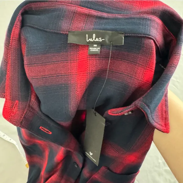 Lulus Red Navy Blue Plaid Cutout Back Mini Shirt‎ Dress NWT Medium - Image 5