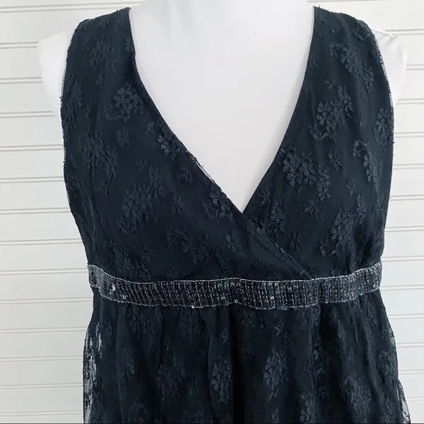New York & Company Lace Sequin Empire Waist Top Size‎ L Black Surplice V-Neck - Image 5